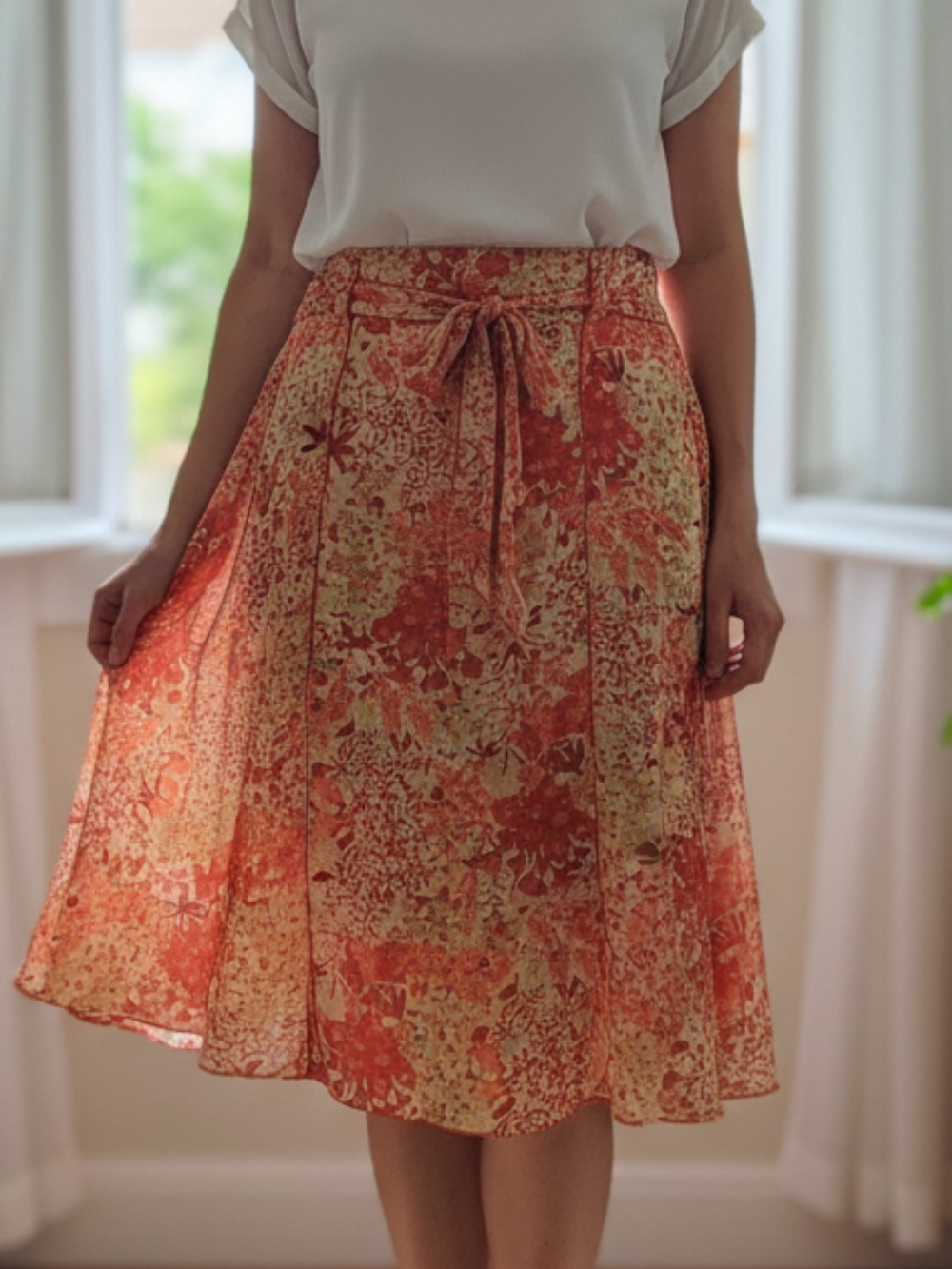 Floral Tie-Waist A-Line Skirt in Orange